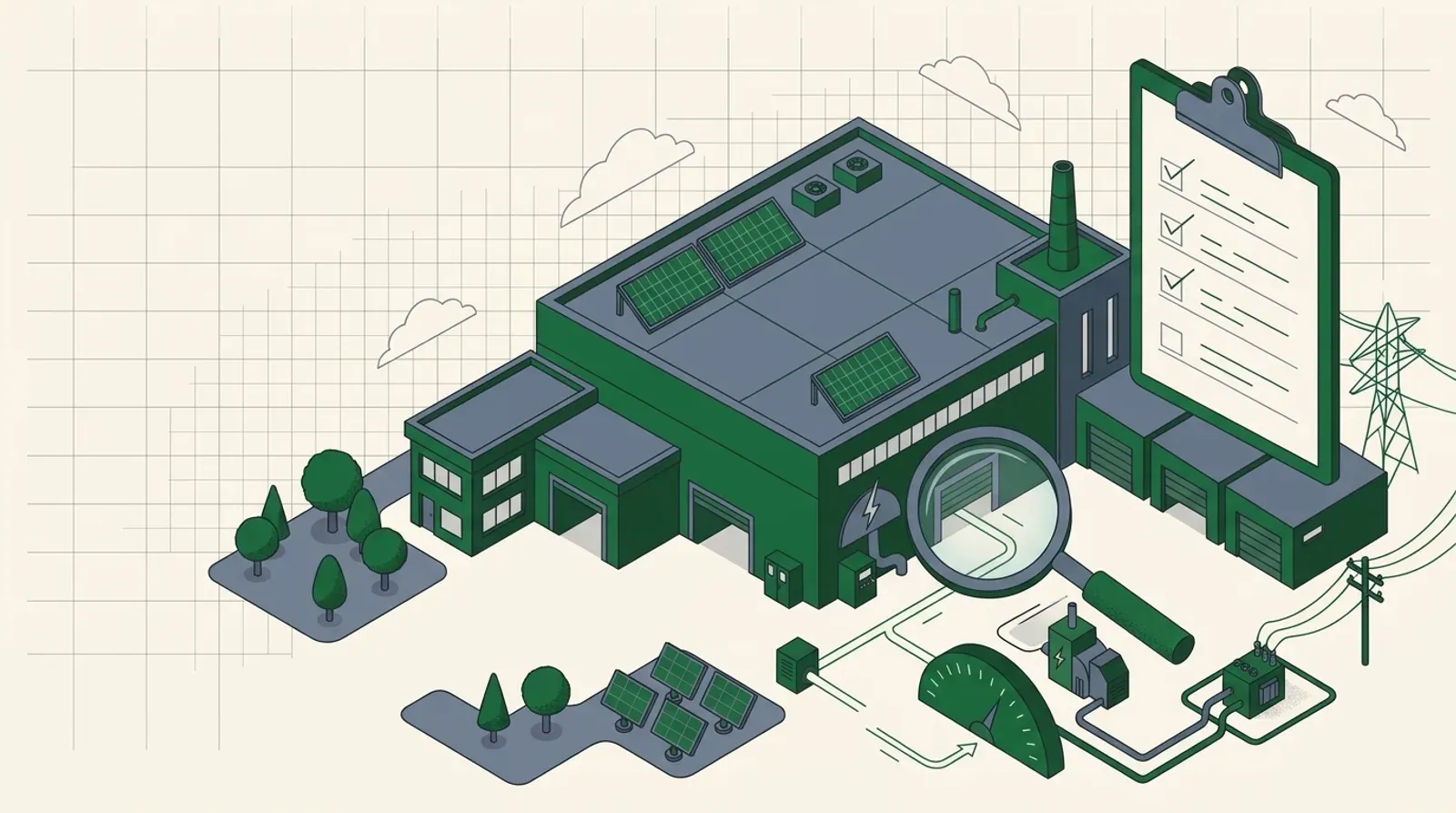 Illustration: Industriegebäude mit Energieaudit-Checkliste, Lupe und Messinstrumenten